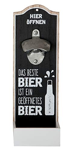 GILDE Wand-Flaschenöffner Metallöffner Kronkorkensammler, Das beste Bier ist ein geöffnetes Bier, Höhe 30 cm, Schwarz/weiß, Holz - 1